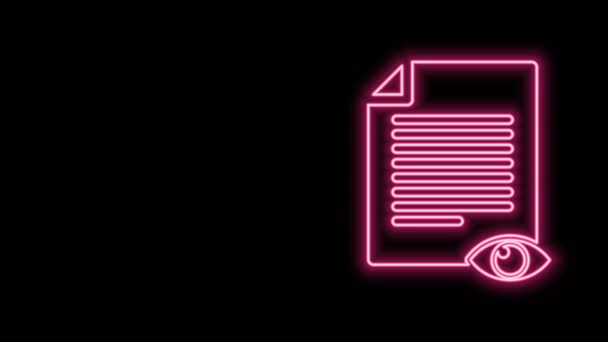 Leuchtende neonfarbene Papierseite mit Augensymbol auf schwarzem Hintergrund. Zeichen der Informationsdatei öffnen. 4K Video Motion Grafik Animation — Stockvideo