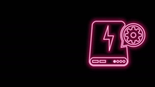 Glödande neon line Power bank och redskap ikon isolerad på svart bakgrund. Justera app, servicekoncept, inställningsalternativ, underhåll, reparation, fixering. 4K Video motion grafisk animation — Stockvideo