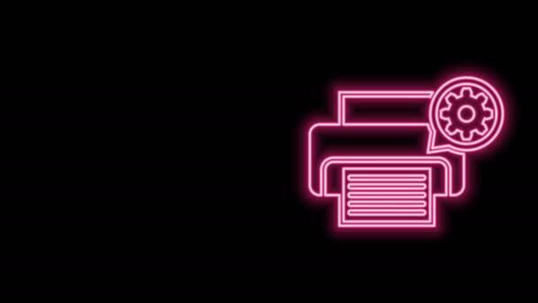 Línea de neón brillante Icono de impresora y engranaje aislado sobre fondo negro. Ajustar la aplicación, concepto de servicio, opciones de configuración, mantenimiento, reparación, fijación. Animación gráfica de vídeo 4K — Vídeos de Stock