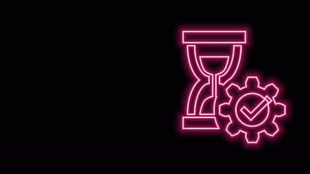 Világító neon vonal Homokóra és fogaskerék ikon elszigetelt fekete háttérrel. Időgazdálkodás szimbólum. Óra és sebességváltó ikon. Termelékenység szimbólum. 4K Videó mozgás grafikus animáció — Stock videók