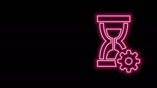 Glowing neon line Hourglass and gear icon isolated on black background. Time Management symbol. Clock and gear icon. Productivity symbol. 4K Video motion graphic animation — Stock Video