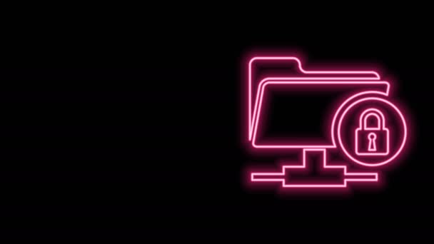 Világító neon vonal FTP mappa és zár ikon elszigetelt fekete háttérrel. A szoftverfrissítés koncepciója, ftp átviteli protokoll. Biztonság, biztonság, védelem. 4K Videó mozgás grafikus animáció — Stock videók