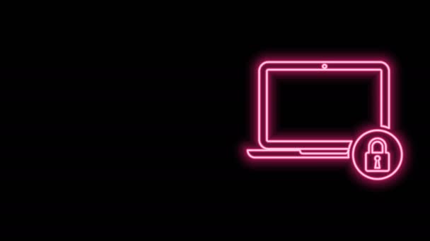 Glödande neon line Laptop och lås ikonen isolerad på svart bakgrund. Dator och hänglås. Säkerhet, trygghet, skydd koncept. Säkert nätverk. 4K Video motion grafisk animation — Stockvideo