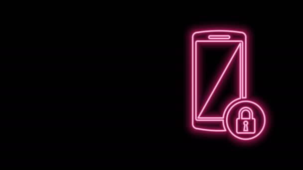 Linha de néon brilhante Smartphone com ícone de cadeado fechado isolado no fundo preto. Telefone com fechadura. Segurança móvel, segurança, conceito de proteção. Animação gráfica em movimento de vídeo 4K — Vídeo de Stock