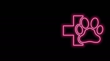Parlayan neon hattı Veterinerlik Kliniği sembolü siyah arka planda izole edilmiş. Çapraz hastane işareti. Tarz sahibi bir köpek ya da kedi. Evcil hayvan ilk yardım işareti. 4K Video hareketli grafik canlandırması