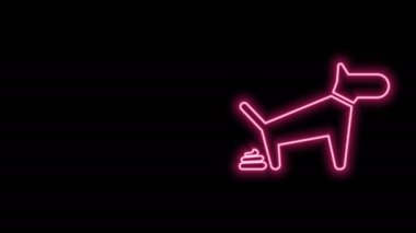 Parlayan neon hattı köpek kakası simgesi siyah arka planda izole edildi. Köpek tuvalete gidiyor. Köpek dışkılar. Yürüyen hayvanlar için yer kavramı. 4K Video hareketli grafik canlandırması