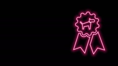 Parlayan neon hattı köpek ödül sembolü siyah arka planda izole edildi. Köpek ayak izli madalya, evcil hayvan sergisinin kazanan konsepti. 4K Video hareketli grafik canlandırması