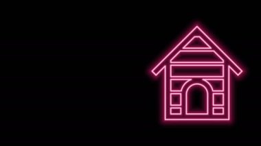 Parlayan neon hattı köpek evi simgesi siyah arka planda izole edildi. Köpek kulübesi. 4K Video hareketli grafik canlandırması