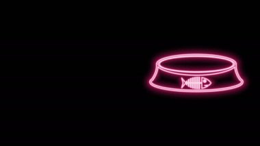 Siyah arka planda izole edilmiş kedi ya da köpek ikonu için parlayan neon hattı evcil hayvan yemek kasesi. Balık iskeleti işareti. 4K Video hareketli grafik canlandırması