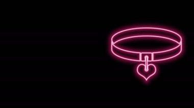 Siyah arkaplanda isim etiketi ve kalp simgesi olan parlak neon çizgili tasma. Evcil hayvanlar için basit malzemeler. Kedi köpek bakımı. Evcil hayvan zincirleri. 4K Video hareketli grafik canlandırması