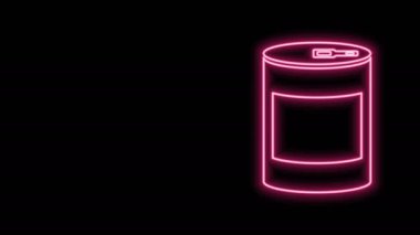 Parlayan neon hattı siyah arka planda izole edilmiş konserve yiyecek ikonu. Hayvanlar için yiyecek. Evcil hayvan yiyeceği kutusu. 4K Video hareketli grafik canlandırması