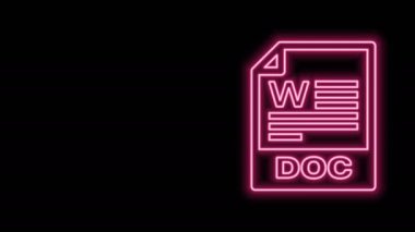 Parlayan neon hattı DOC dosya belgesi. Doktor düğmesi simgesi siyah arkaplanda izole edildi. DOC dosya uzantısı sembolü. 4K Video hareketli grafik canlandırması