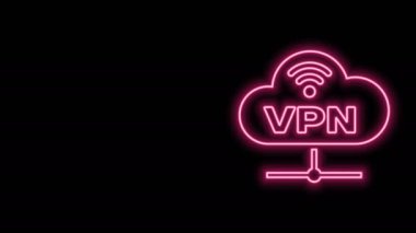 Parlayan neon hattı VPN Network bağlantı simgesi siyah arkaplanda izole edildi. Sosyal teknoloji. Bulut hesaplama konsepti. 4K Video hareketli grafik canlandırması