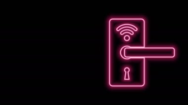 Parlak neon hattı dijital kapı kilidi, kablosuz kablosuz ağ teknolojisiyle siyah arkaplanda izole edilmiş bir anahtar. Kapı kolu tabelası. Güvenlik akıllı ev. 4K Video hareketli grafik canlandırması