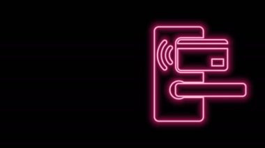 Parlak neon hattı dijital kapı kilidi, kablosuz kablosuz ağ teknolojisiyle siyah arkaplanda izole edilmiş bir anahtar. Kapı kolu tabelası. Güvenlik akıllı ev. 4K Video hareketli grafik canlandırması
