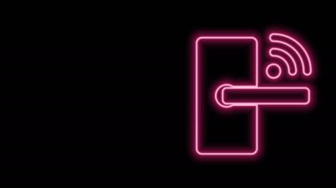 Parlak neon hattı dijital kapı kilidi, kablosuz kablosuz ağ teknolojisiyle siyah arkaplanda izole edilmiş bir anahtar. Kapı kolu tabelası. Güvenlik akıllı ev. 4K Video hareketli grafik canlandırması