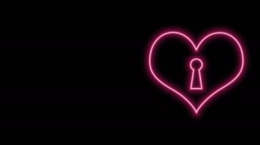 Siyah arkaplanda izole edilmiş anahtar deliği simgesi olan parlayan neon çizgisi Heart. Kilitli Kalp. Aşk sembolü ve anahtar deliği işareti. 4K Video hareketli grafik canlandırması
