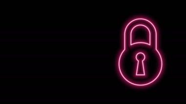 Parlayan neon çizgi simgesi siyah arkaplanda izole edildi. Asma kilit işareti. Güvenlik, güvenlik, koruma, gizlilik kavramı. 4K Video hareketli grafik canlandırması