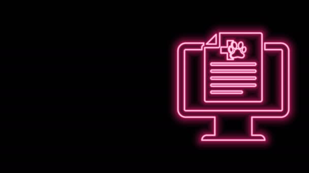 Glödande neon line Medicinsk klinisk post sällskapsdjur på monitor ikon isolerad på svart bakgrund. Sjukförsäkringsformulär. Recept, läkarundersökning rapport. 4K Video motion grafisk animation — Stockvideo