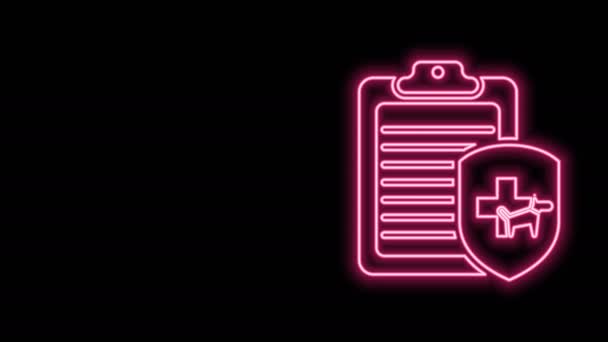 Zářící neonová linka Schránka s lékařskou klinickou záznam pet ikona izolované na černém pozadí. Formulář zdravotního pojištění. Zpráva o lékařských prohlídkách. Grafická animace pohybu videa 4K — Stock video