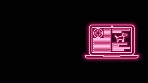 Žhnoucí neonová linie Lékařský klinický záznam pes na notebooku ikonu izolované na černém pozadí. Formulář zdravotního pojištění. Předpis, zpráva z lékařských kontrol. Grafická animace pohybu videa 4K — Stock video