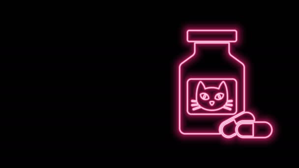 Brillante línea de neón frasco de medicina Cat y pastillas icono aislado sobre fondo negro. Contenedor con pastillas. Medicina de prescripción para animales. Animación gráfica de vídeo 4K — Vídeo de stock