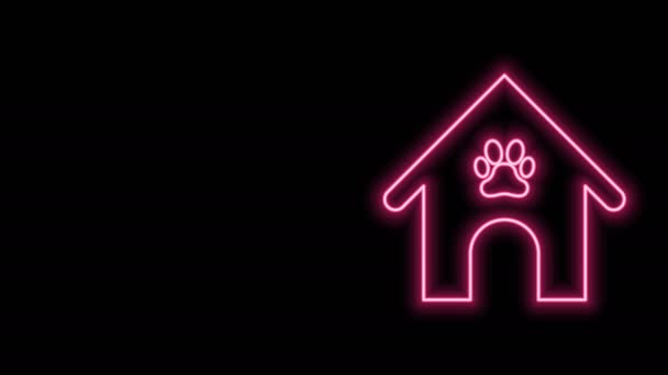 ネオンラインを輝く犬の家と黒の背景に隔離された足の印刷ペットのアイコン。犬の犬小屋。4Kビデオモーショングラフィックアニメーション — ストック動画