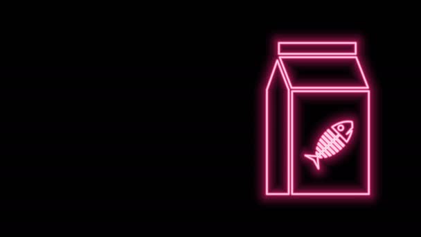 Linea neon luminosa Sacchetto di cibo per l'icona del gatto isolato su sfondo nero. Segno di scheletro di pesce. Cibo per animali. Pacchetto cibo per animali. Animazione grafica 4K Video motion — Video Stock