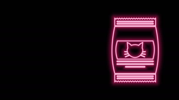 Žhnoucí neonová čára Taška s jídlem pro kočičí ikonu izolované na černém pozadí. Jídlo pro zvířata. Balíček se zvířecím jídlem. Grafická animace pohybu videa 4K — Stock video