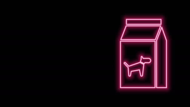 Ragyogó neon vonal Zacskó élelmiszer kutya ikon elszigetelt fekete alapon. Állateledel. Állateledel csomag. 4K Videó mozgás grafikus animáció — Stock videók