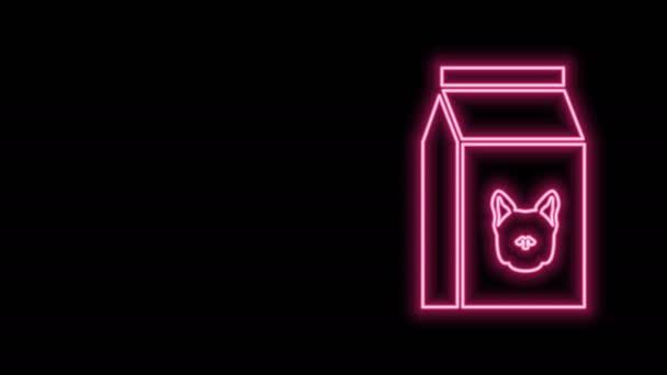 Leuchtende Neon-Linie Beutel mit Futter für Hund Symbol isoliert auf schwarzem Hintergrund. Futter für Tiere. Haustierfutterpaket. 4K Video Motion Grafik Animation — Stockvideo