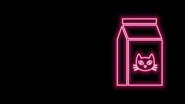 Świecąca neonowa linia Torba z jedzeniem na ikonę kota izolowana na czarnym tle. Jedzenie dla zwierząt. Paczka karmy dla zwierząt. 4K Animacja graficzna ruchu wideo — Wideo stockowe