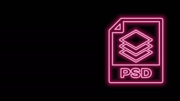 Zářivý neonový dokument PSD. Stáhnout ikonu tlačítka PSD izolované na černém pozadí. Symbol souboru PSD. Grafická animace pohybu videa 4K — Stock video