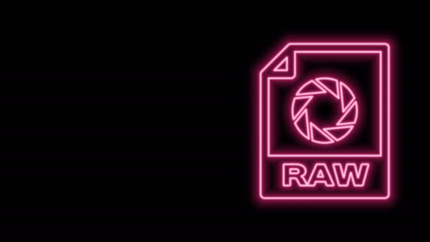 Žhnoucí neonový řádek dokumentu RAW. Stáhnout ikonu surového tlačítka izolované na černém pozadí. Symbol souboru RAW. Grafická animace pohybu videa 4K — Stock video