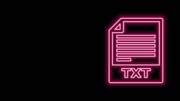 Zářivý neonový soubor TXT. Stáhnout ikonu tlačítka txt izolované na černém pozadí. Symbol přípony textového souboru Grafická animace pohybu videa 4K — Stock video
