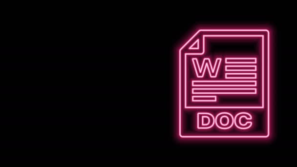 Świecący neonowy dokument DOC. Pobierz ikonę przycisku doc izolowaną na czarnym tle. Symbol rozszerzenia pliku DOC. 4K Animacja graficzna ruchu wideo — Wideo stockowe