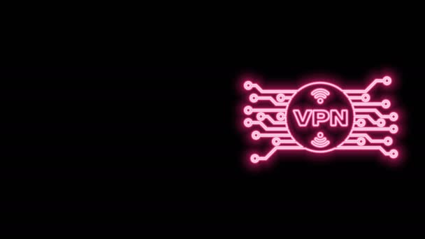 Zářící neonová linka VPN v kruhu s ikonou mikročipového obvodu izolované na černém pozadí. Grafická animace pohybu videa 4K — Stock video