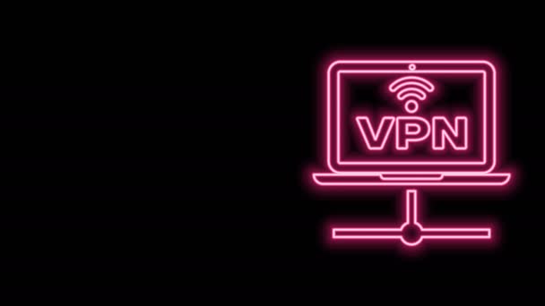 Linea neon luminosa icona della rete VPN Computer isolata su sfondo nero. Rete di portatili. Connessione internet. Animazione grafica 4K Video motion — Video Stock