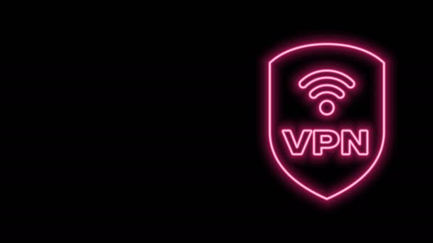 Glödande neon line Shield med VPN och wifi trådlöst internet symbol ikon isolerad på svart bakgrund. VPN skyddar säkerhetskonceptet. 4K Video motion grafisk animation — Stockvideo