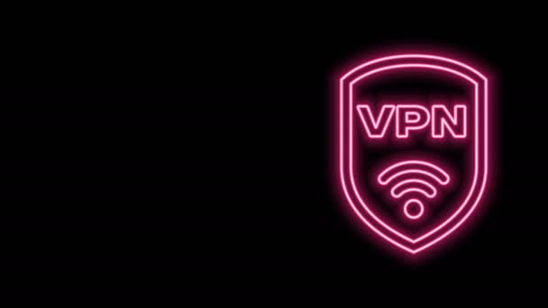 Leuchtendes Neon Line Shield mit VPN und Wifi Wireless Internet Network Symbol isoliert auf schwarzem Hintergrund. VPN schützen Sicherheitskonzept. 4K Video Motion Grafik Animation