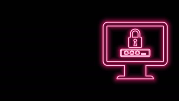 Leuchtender Neon Line Monitor mit Passwort-Benachrichtigung und Schloss-Symbol isoliert auf schwarzem Hintergrund. Sicherheit, persönlicher Zugang, Benutzerberechtigung, Login-Formular. 4K Video Motion Grafik Animation — Stockvideo