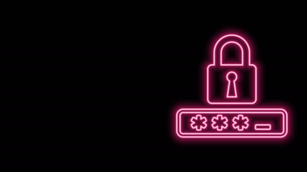 Világító neon vonal Jelszóvédelem és biztonsági hozzáférés ikon elszigetelt fekete alapon. Rögzítsd az ikont. Biztonság, biztonság, védelem, adatvédelem. 4K Videó mozgás grafikus animáció — Stock videók