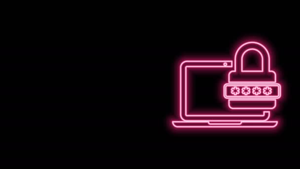 Leuchtender Neon Line Laptop mit Passwort-Benachrichtigung und Schloss-Symbol isoliert auf schwarzem Hintergrund. Sicherheit, persönlicher Zugang, Benutzerberechtigung, Login-Formular. 4K Video Motion Grafik Animation — Stockvideo