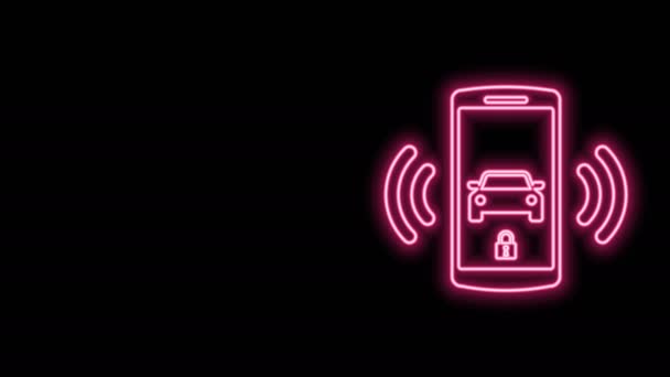 Žhnoucí neonová linka Ikona inteligentního autoalarmu izolovaná na černém pozadí. Smartphone ovládá zabezpečení auta v rádiu. Grafická animace pohybu videa 4K — Stock video