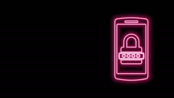 Línea de neón brillante Icono de protección de teléfono móvil y contraseña aislado sobre fondo negro. Seguridad, seguridad, acceso personal, autorización del usuario, privacidad. Animación gráfica de vídeo 4K — Vídeo de stock