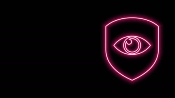 Glowing neon line Shield and eye icon isolated on black background. Security, safety, protection, privacy concept. 4K Video motion graphic animation — Stock Video
