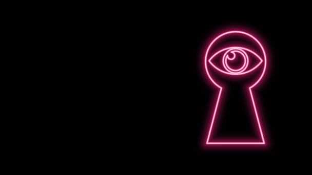 Glowing neon line Keyhole with eye icon isolated on black background. The eye looks into the keyhole. Keyhole eye hole. 4K Video motion graphic animation — Stock Video