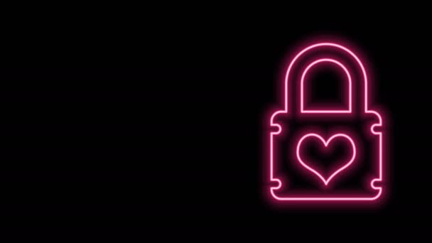 Ligne lumineuse au néon Cadenas avec icône coeur isolé sur fond noir. Coeur verrouillé. Symbole d'amour et signe de serrure. Animation graphique de mouvement vidéo 4K — Video