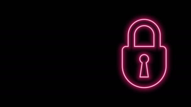Gloeiende neon lijn Lock icoon geïsoleerd op zwarte achtergrond. Hangslotteken. Beveiliging, veiligheid, bescherming, privacy concept. 4K Video motion grafische animatie — Stockvideo