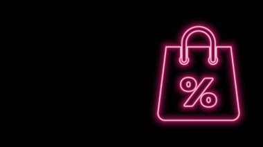 Siyah arka planda izole edilmiş yüzde yazılı indirim simgesiyle parlayan neon hattı alışveriş torbası. El çantası işareti. Kadın çanta ikonu. Kadın el çantası işareti. 4K Video hareketli grafik canlandırması